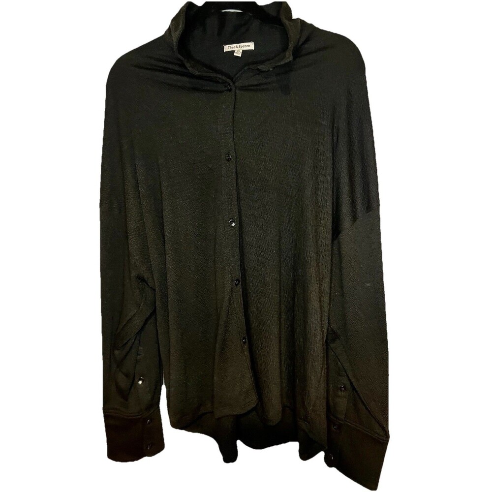 Theo & Spence Women Button Down Long Sleeve Top Black Texture Plus2X Stretch NWT